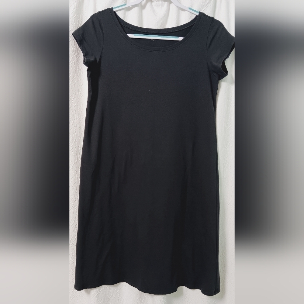 EILEEN FISHER Organic Cotton Stretch Jersey Dress Medium Short Sleeve Gray Flow